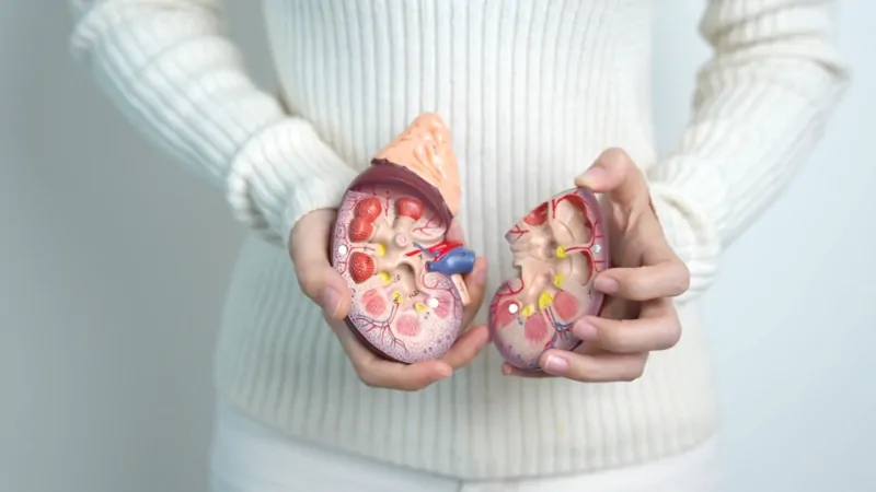 A person holds a detailed kidney model to illustrate the importance of kidney function tests