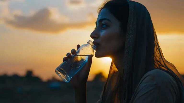 Woman drinking water from a bottle at sunset, with sweat on her face and warm light in the background