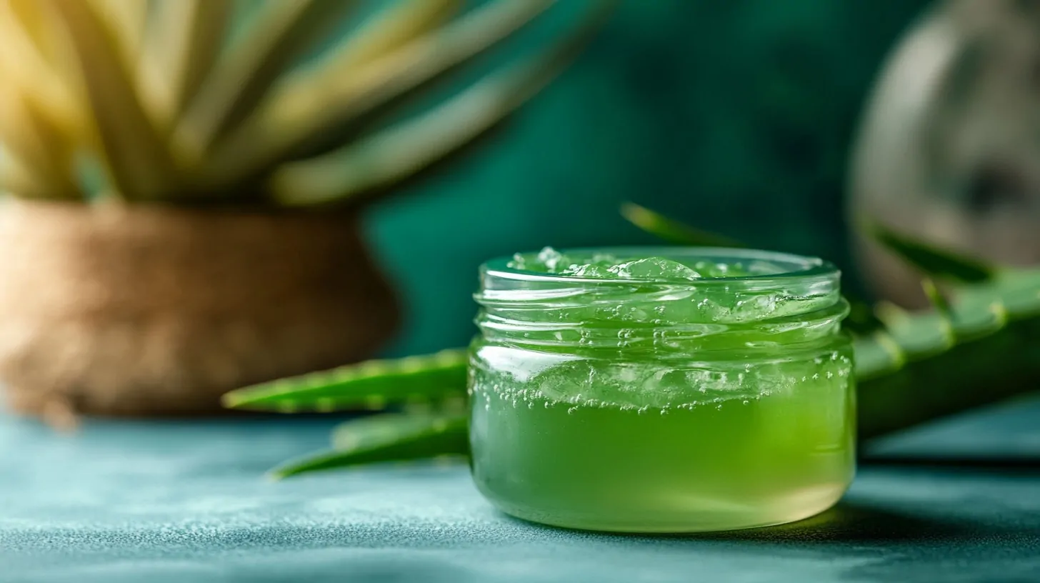 A small jar of fresh green aloe vera gel with aloe leaves in the background
