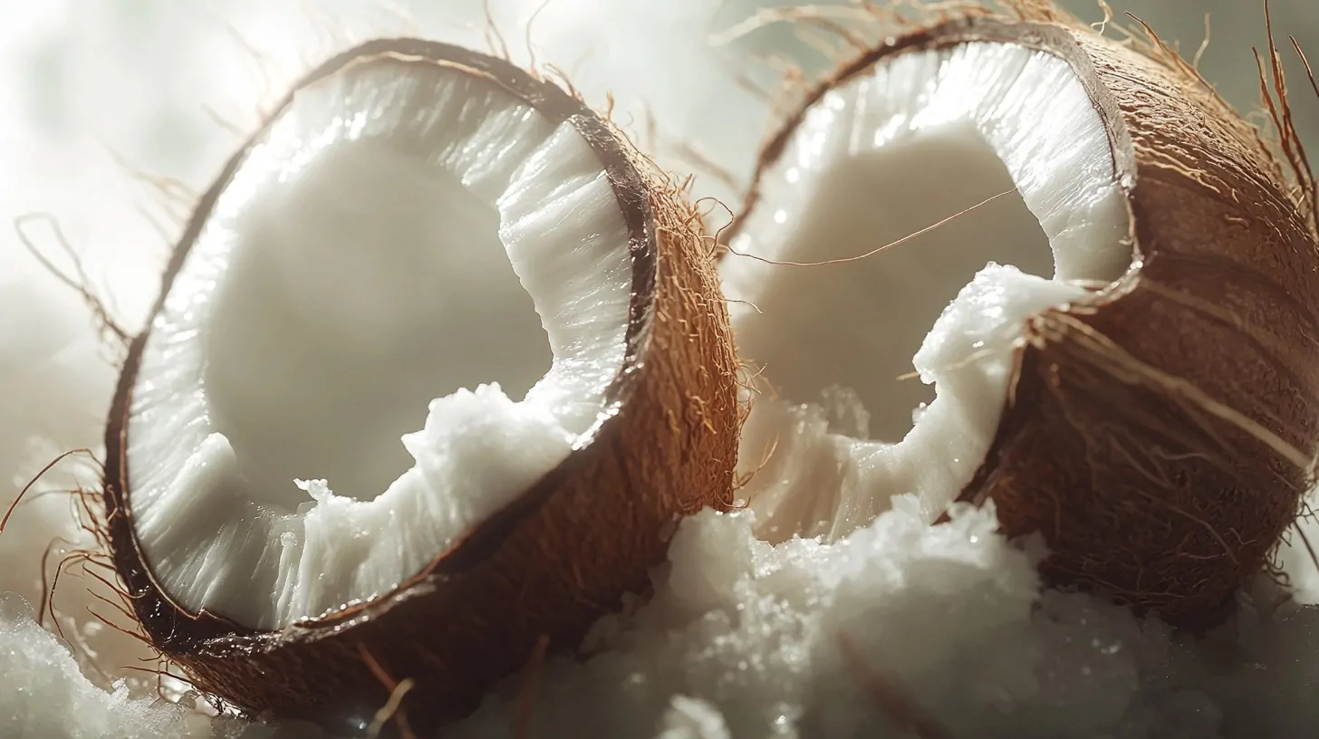 Close-up of halved coconuts with shredded coconut around them.