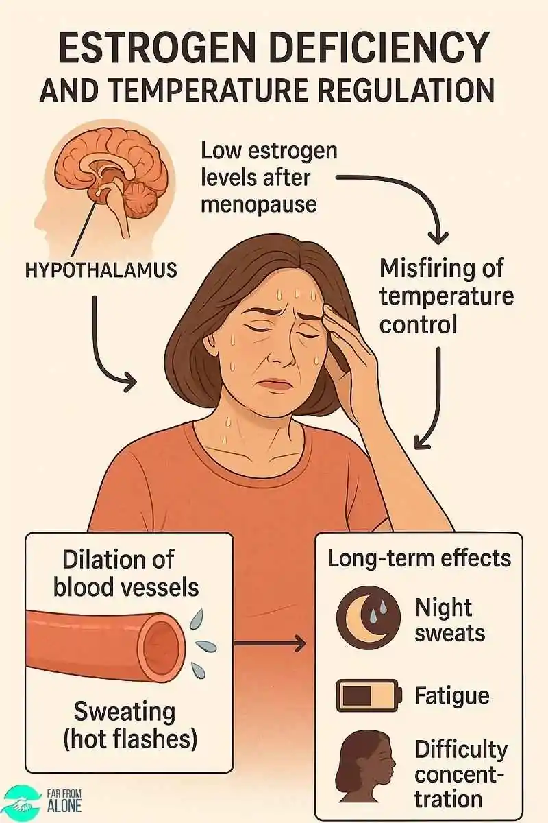 Educational infographic explaining how estrogen deficiency leads to hot flashes and related symptoms