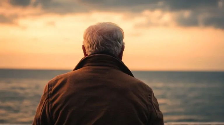 Older man with gray hair in a coat looking out at the ocean during sunset, symbolizing reflection and planning for retirement
