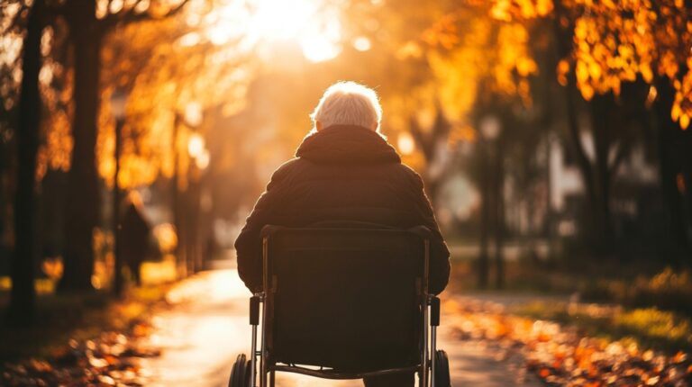 An elderly person in a wheelchair on a park path surrounded by autumn leaves, facing away from the camera