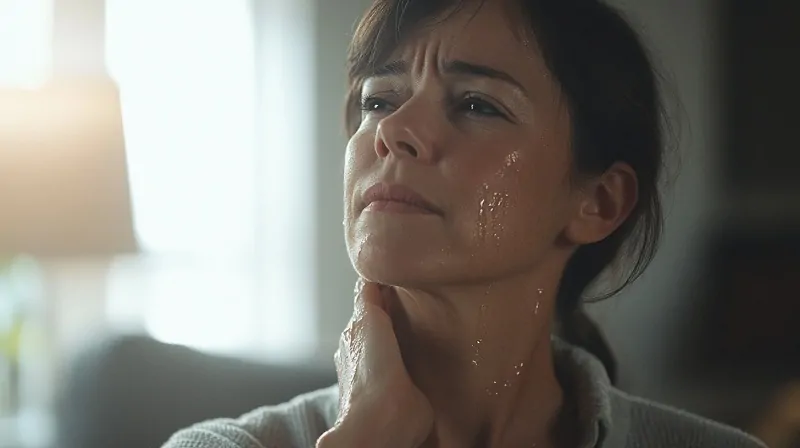 Woman experiencing visible discomfort and sweating, a common symptom of hot flashes during menopause