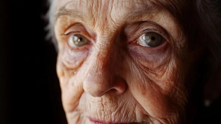 Close-up of an elderly woman's face showing detailed wrinkles and expressive eyes