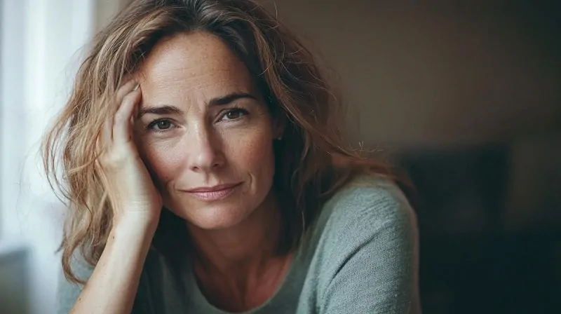 Middle-aged woman calmly looking into the camera, symbolizing awareness and resilience through menopause