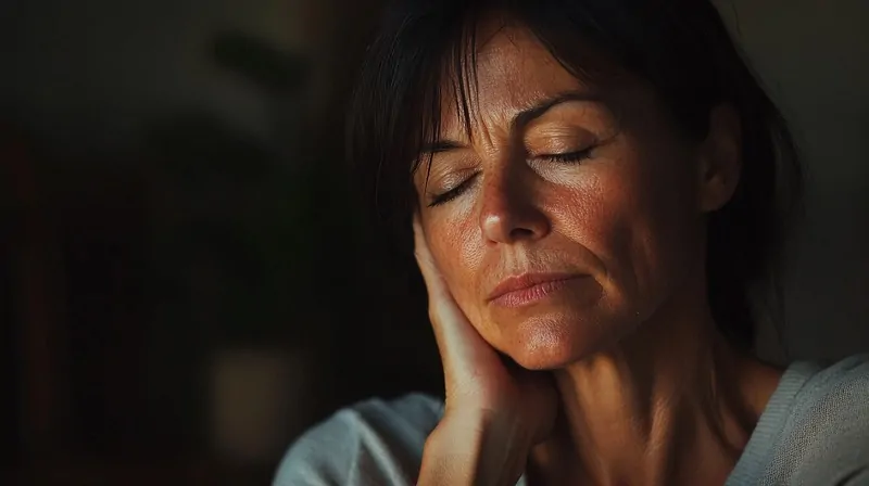 Woman with eyes closed and hand to her neck, possibly feeling unwell or fatigued