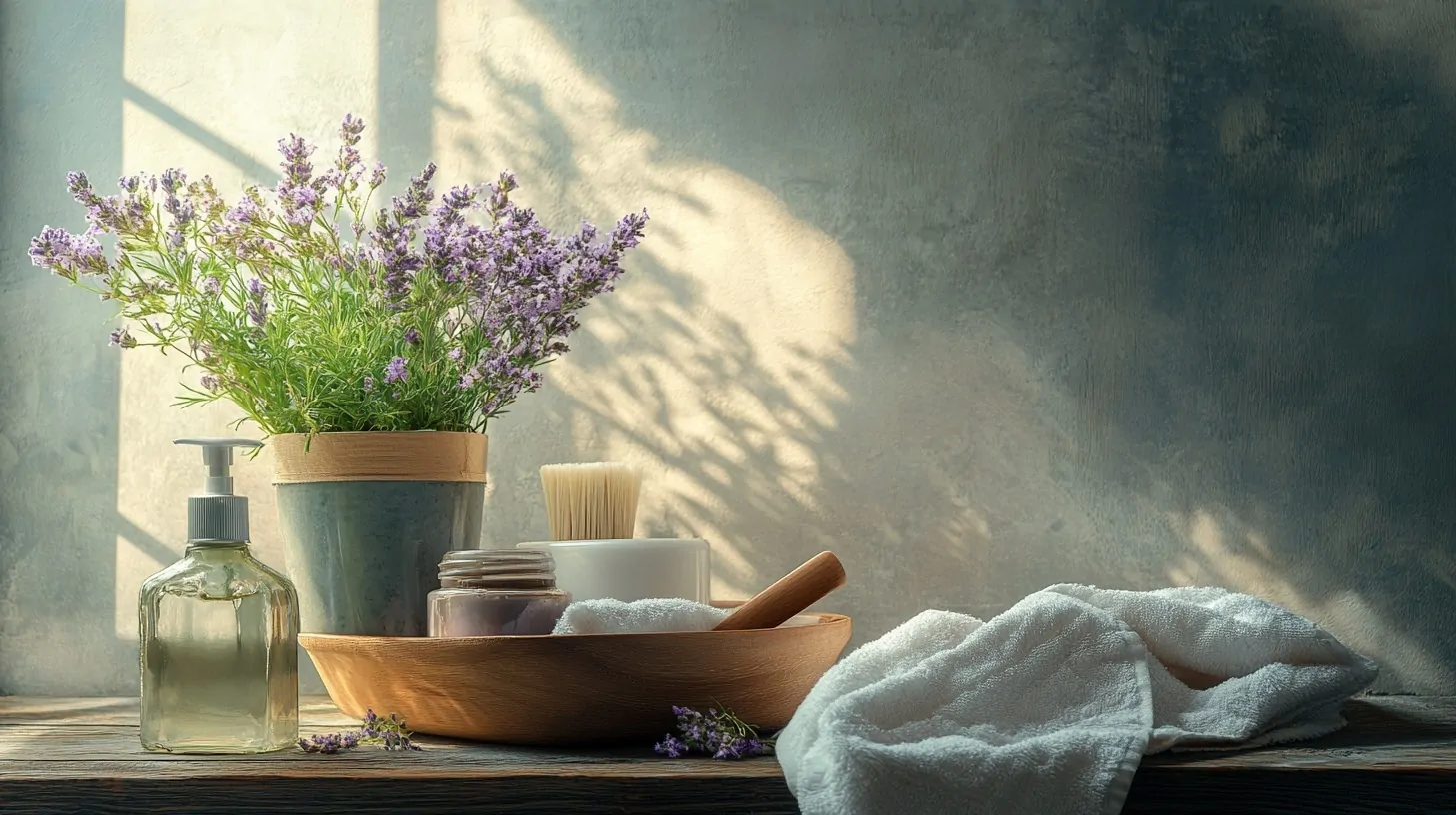 Lavender plant and natural skincare products on a wooden surface in sunlight