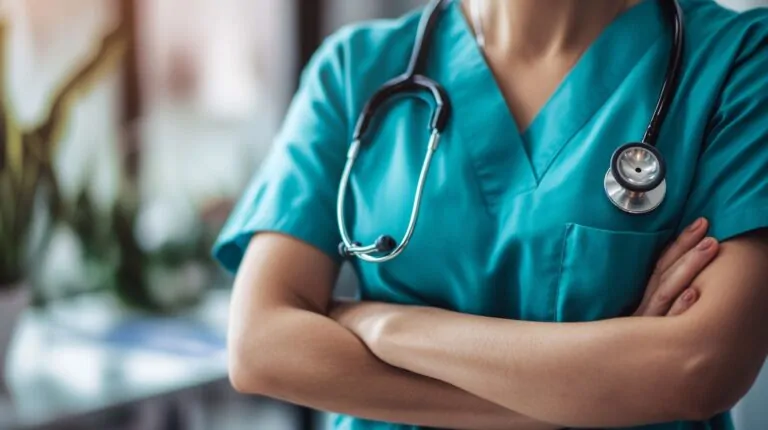 Close-up of a nurse in teal scrubs with a stethoscope around their neck, arms crossed