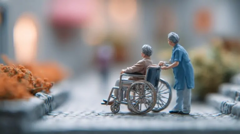 Miniature figures of a caregiver pushing an elderly person in a wheelchair along a cobbled path