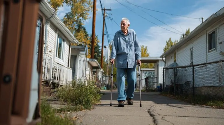 Elderly man walking with canes in a modest small-town neighborhood