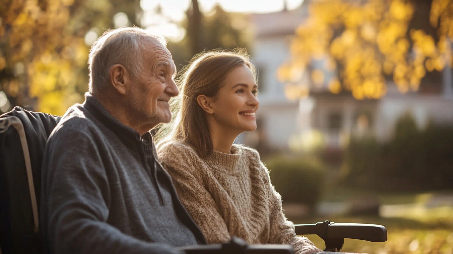 Smiling young woman sitting beside an elderly man in a wheelchair, enjoying time together outdoors in autumn