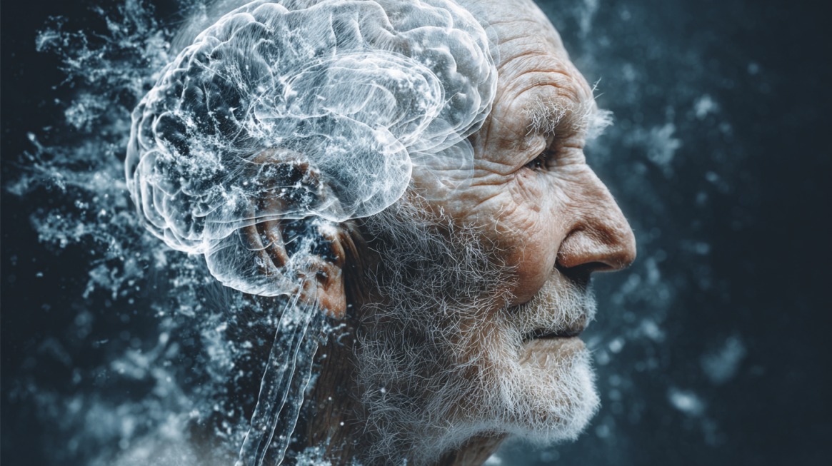Profile of an elderly man with a superimposed glowing brain illustration, symbolizing dementia and its impact on the mind