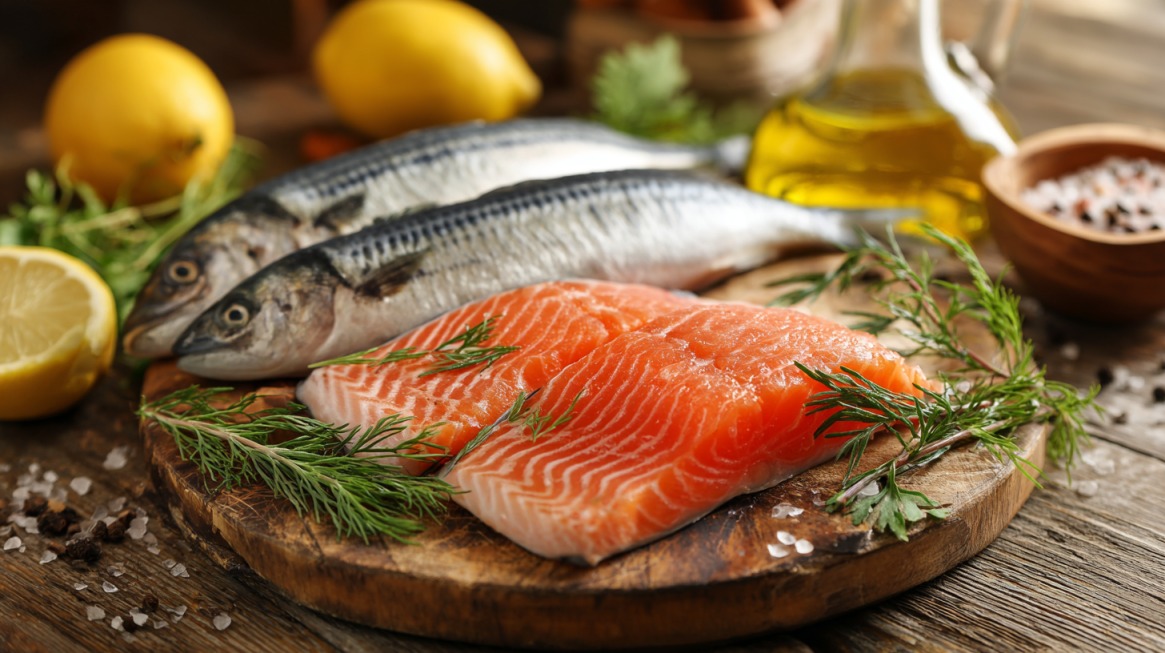 Fresh salmon fillets and whole mackerel on a wooden board with herbs, lemon, and olive oil, representing a joint-friendly diet rich in omega-3 fatty acids