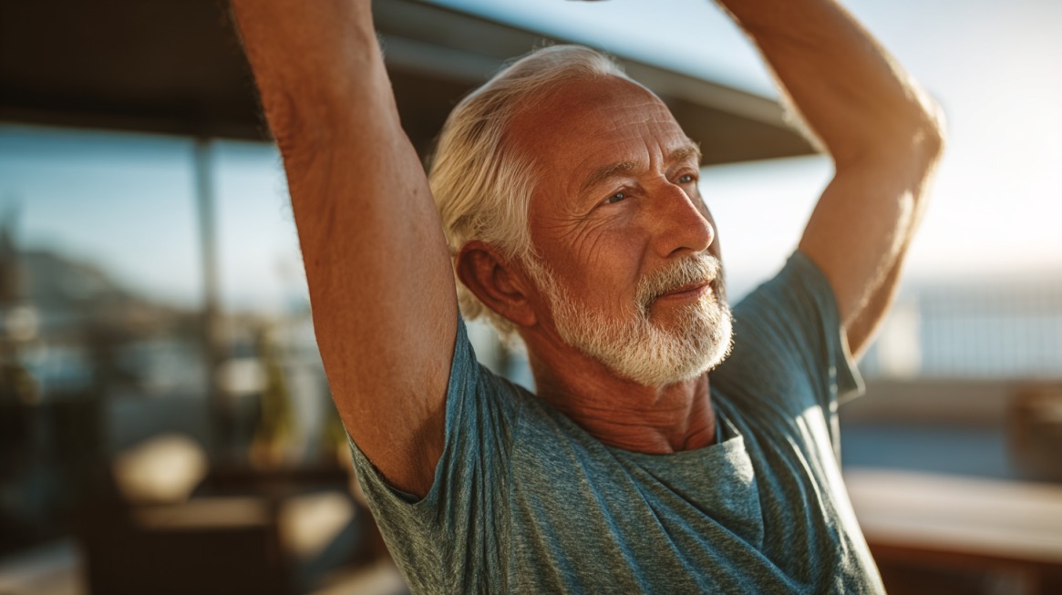 An older man outdoors, raising his arms overhead in a gentle stretch, highlighting the benefits of daily stretching for seniors