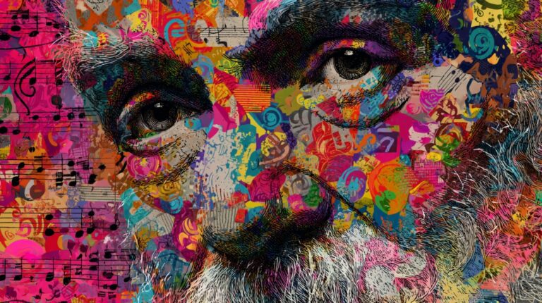 Colorful abstract portrait with musical notes and artistic patterns, symbolizing the connection between art, music, and the brain