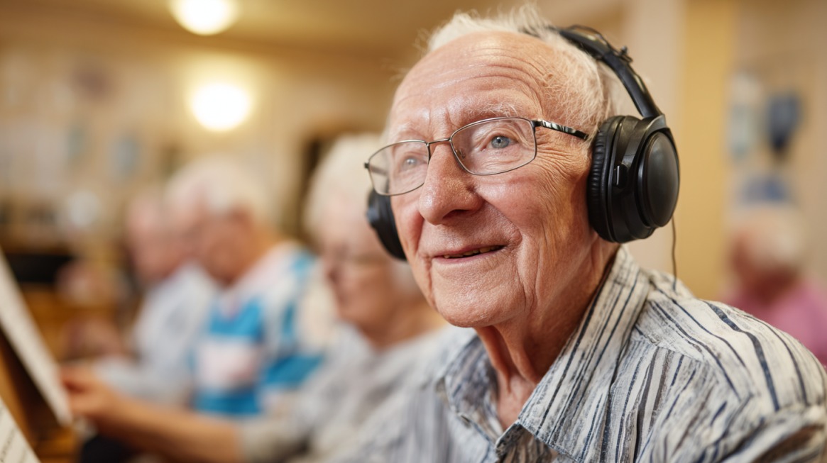 Smiling elderly man with glasses wearing headphones, enjoying music in a group setting, symbolizing how music helps daily life for seniors with dementia