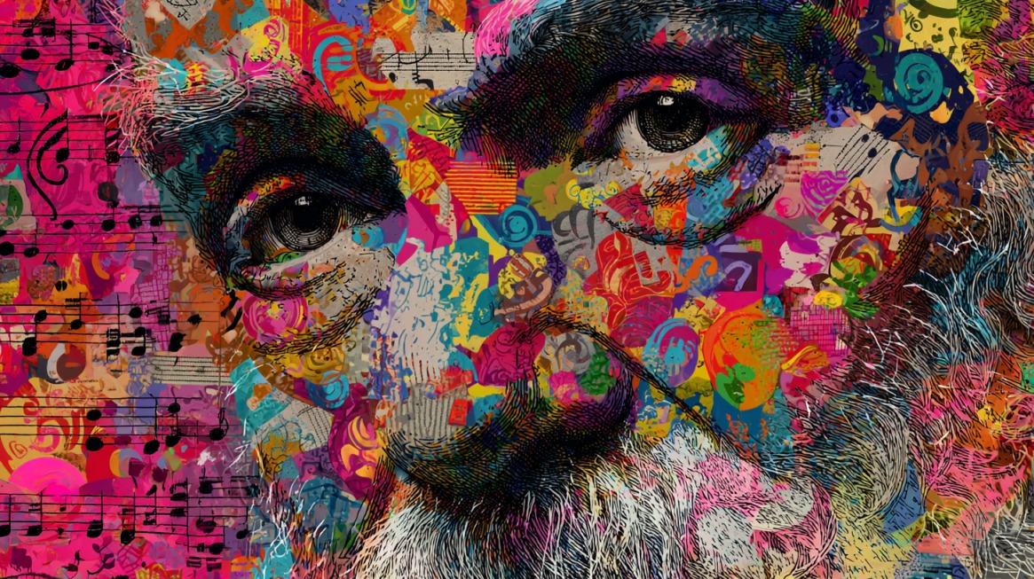 Colorful abstract portrait with musical notes and artistic patterns, symbolizing the connection between art, music, and the brain
