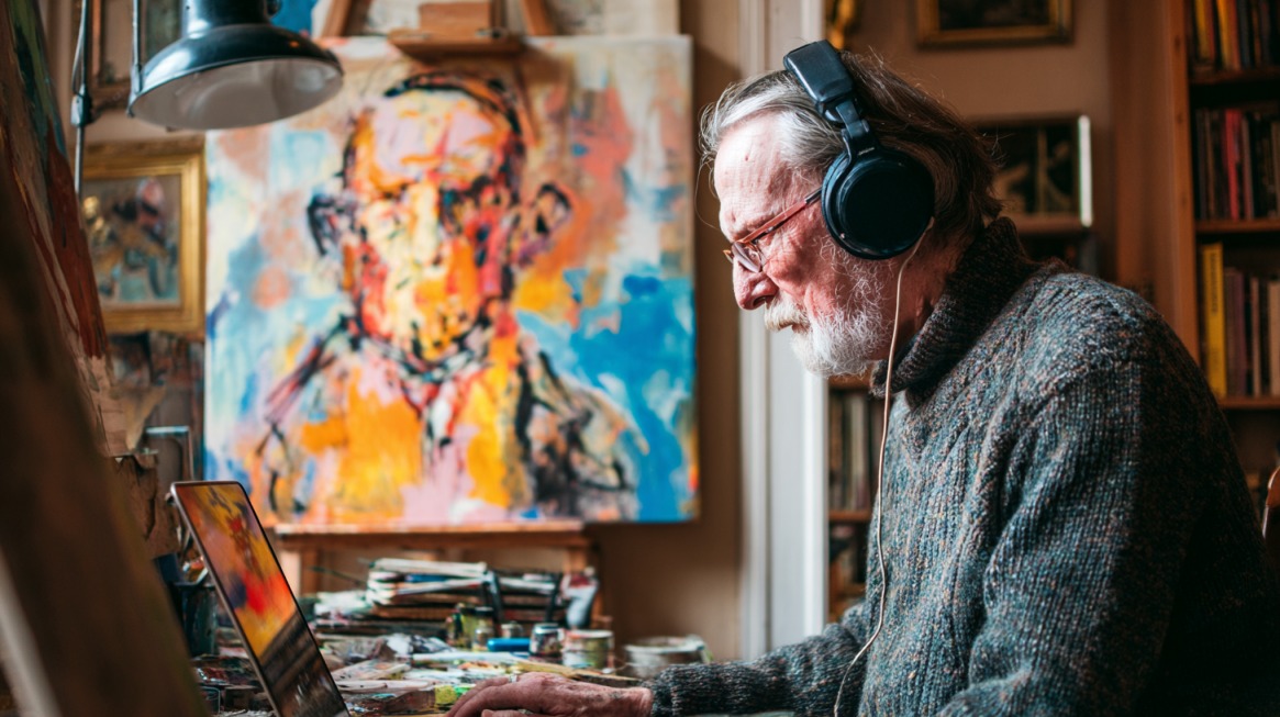Elderly man wearing headphones, sitting in an art studio with colorful abstract paintings, focusing on creative work at a desk