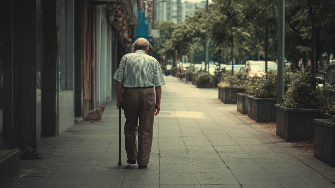 An elderly man walking with a cane down a tree-lined sidewalk, illustrating low-impact cardio options for seniors