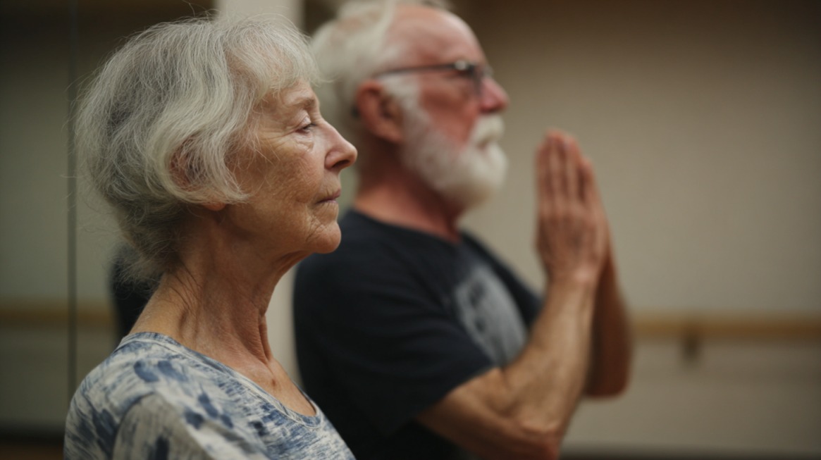 Elderly woman and man practicing mindfulness with eyes closed and hands in prayer position, symbolizing balance and healthy living for joint care