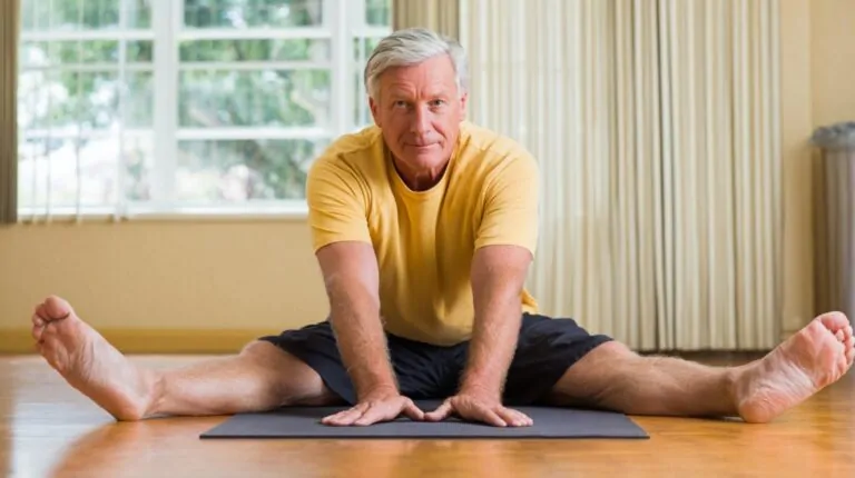 An older man in a yellow shirt doing a seated stretch on a yoga mat, symbolizing natural ways to improve joint flexibility after age 65.