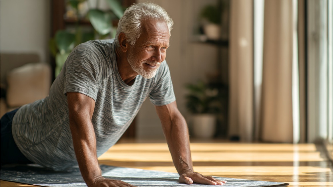 Older man in a gray shirt practicing yoga at home, using proper body alignment to protect his joints and muscles