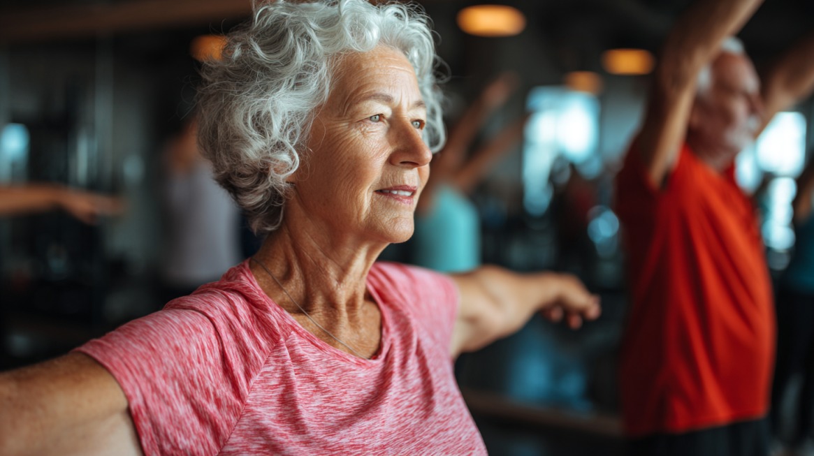 Elderly woman in a pink shirt standing with arms outstretched, maintaining upright posture during an exercise class, highlighting the importance of posture for joint health