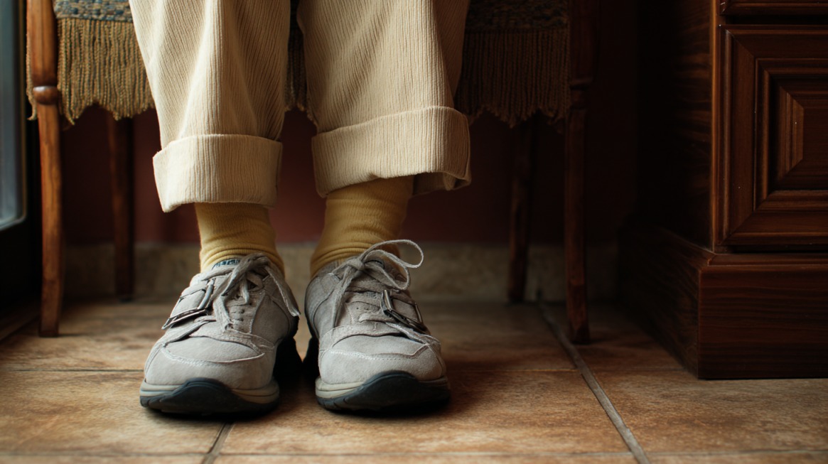 Close-up of an elderly person’s feet in supportive walking shoes and yellow socks, highlighting the importance of proper footwear for joint protection