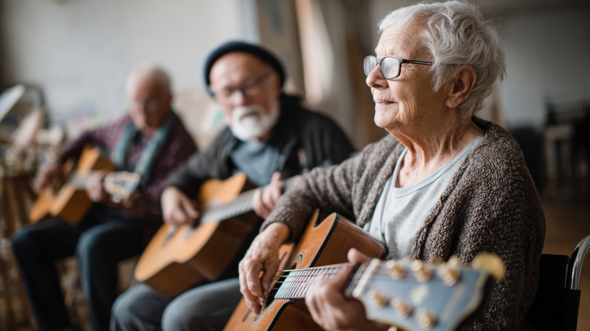 Group of elderly people sitting together and playing acoustic guitars, smiling and enjoying music in a warm social setting