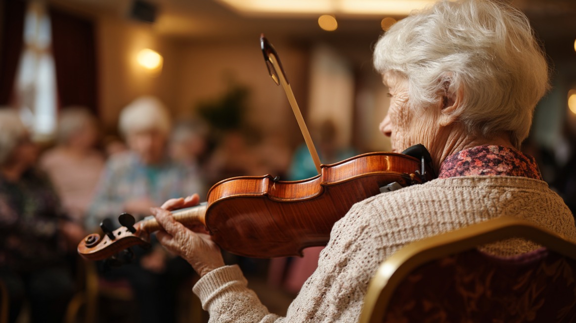 Older woman playing violin in a community setting with other seniors in the background, highlighting music as therapy for dementia