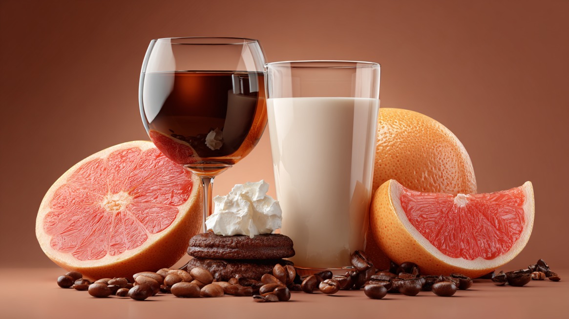 Grapefruit, wine, milk, coffee beans, and desserts arranged together on a table