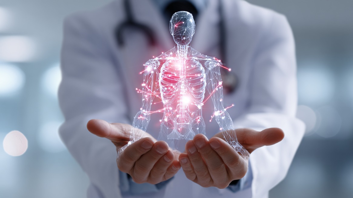 Doctor holding a digital human body model with glowing neural and health data points