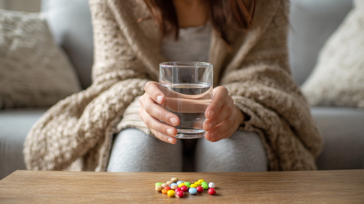 Person holding a glass of water with various pills on a table in front of them