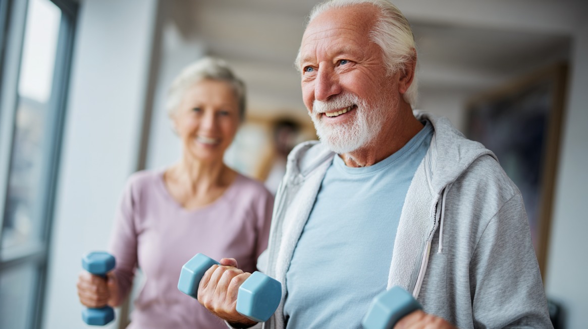 Older couple smiling while lifting light dumbbells during an indoor fitness session