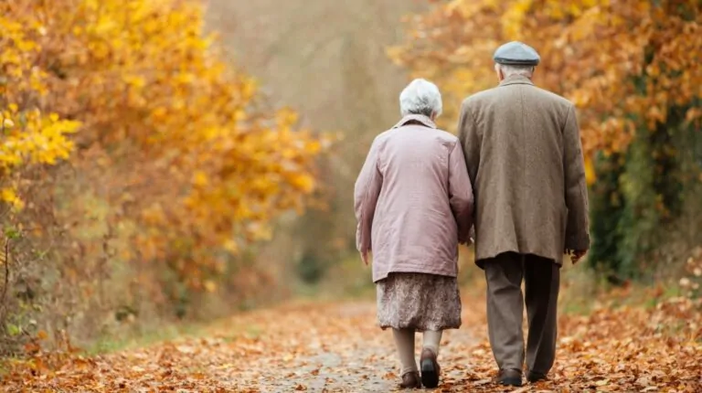 Elderly couple walking together along a tree-lined path covered in autumn leaves