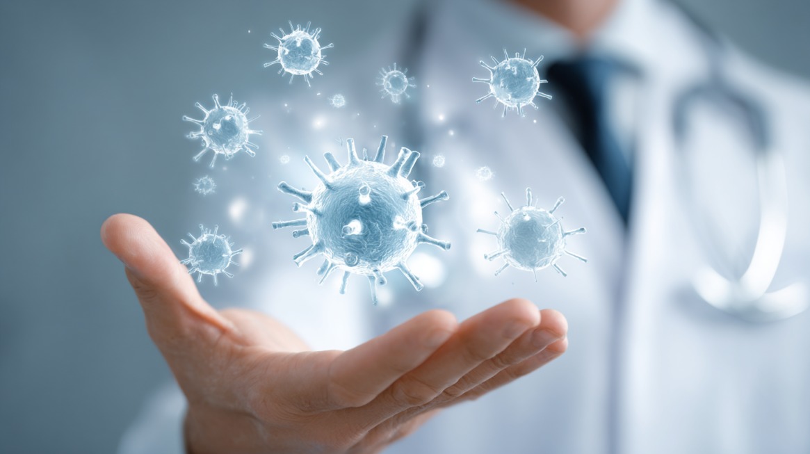 Doctor holding a hand out with floating digital virus models representing disease prevention