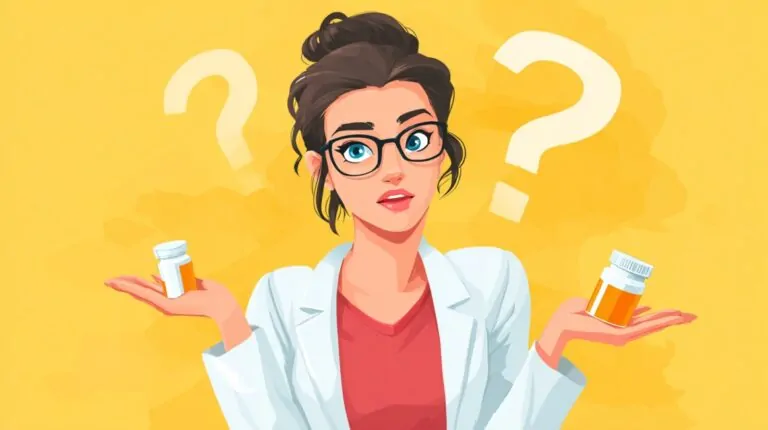 Illustration of a woman in a lab coat holding two medicine bottles with question marks in the background