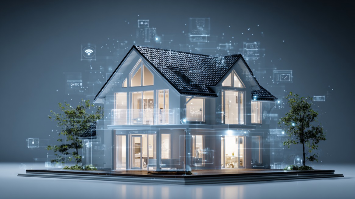 Modern house with digital overlays representing smart home and AI monitoring technology