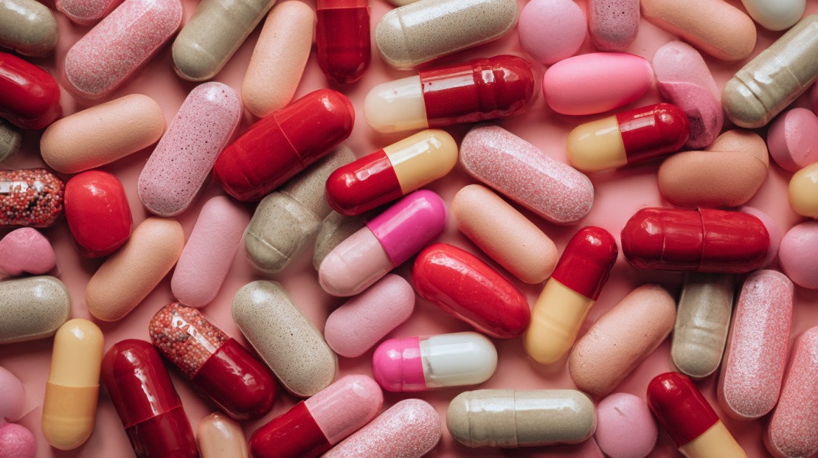 A pile of assorted colorful pills and capsules on a pink background