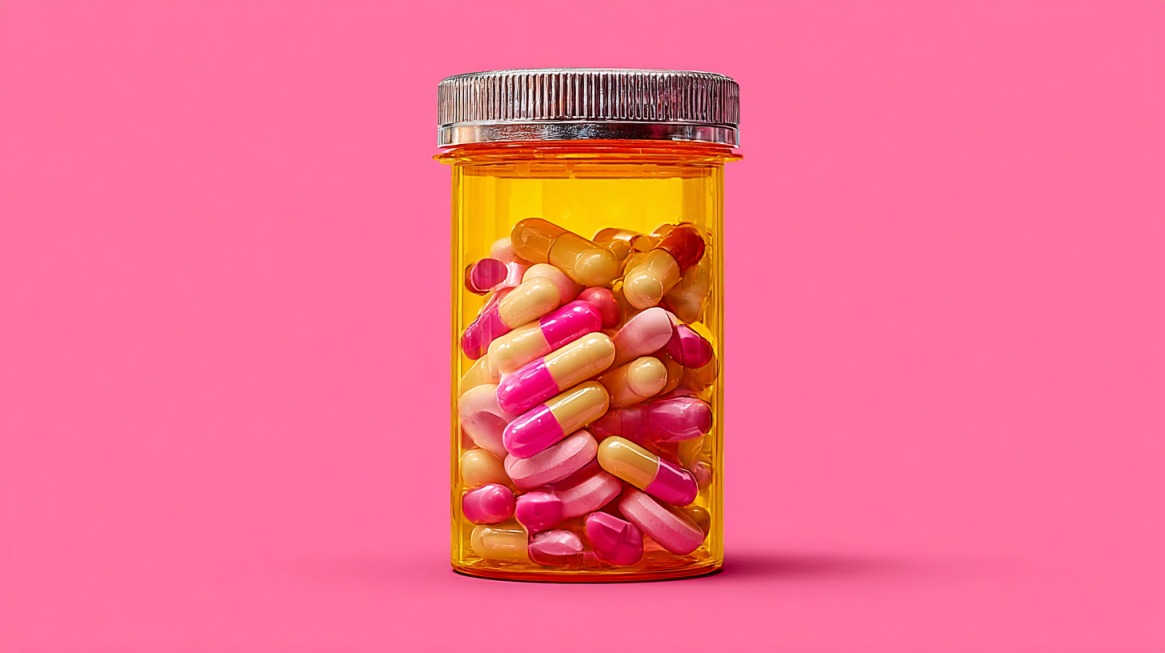 A bottle filled with colorful pills against a bright pink background