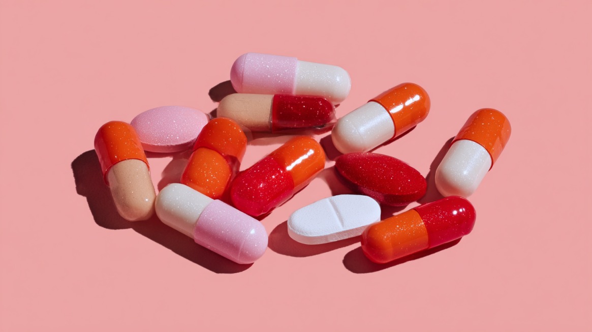A scattered group of colorful pills and capsules on a pink background