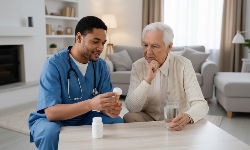 A nurse in blue scrubs shows medication to an elderly woman holding a glass of water
