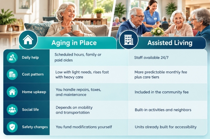 Comparison of aging in place and assisted living