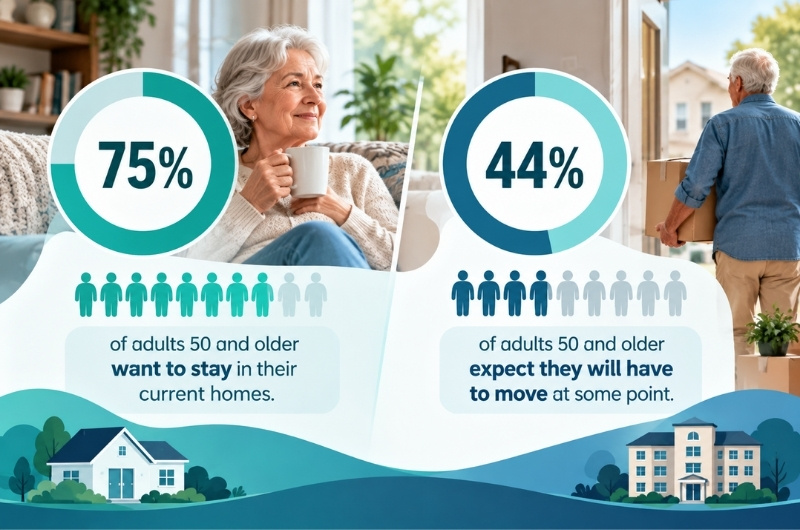 AARP 2024 survey showing 75% of adults 50+ want to stay in their homes, while 44% expect to move eventually.
