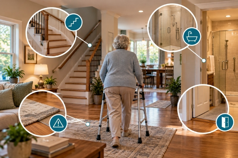 Senior woman using a walker at home, with highlighted safety concerns including stairs, bathtub access, narrow doorways, and lighting.