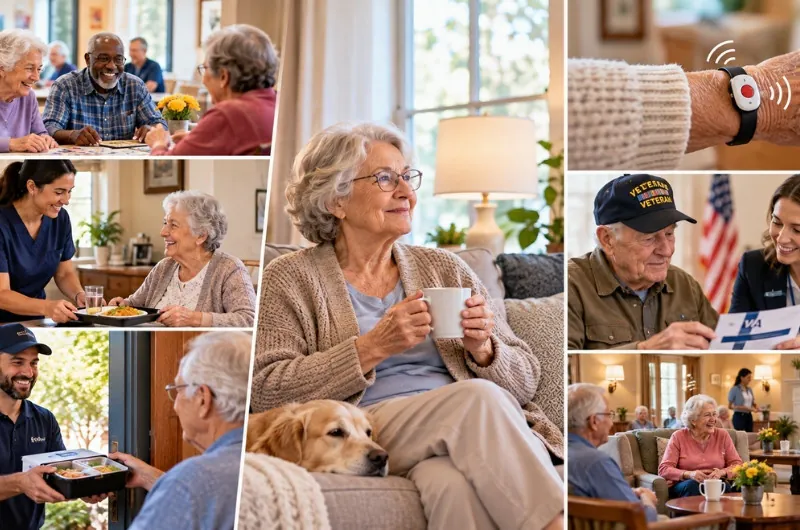 Collage showing senior care options, including in-home assistance, meal delivery, medical alert devices, VA benefits, and assisted living activities.